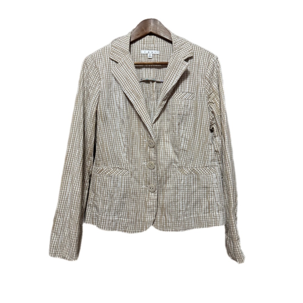 Cabi Gingham Blazer Women Size M Tan White Excellent 3-Button Seersucker Jacket